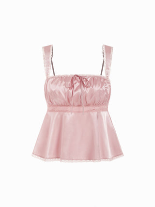 Satin Lace Trim Bowknot Tank Top & Low Rise Shorts Loungewear Set