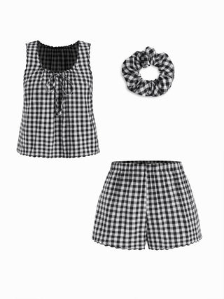 Woven Cotton Gingham Tie Tank Top & Mid Rise Shorts Loungewear Set For Home Bedroom