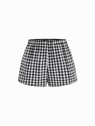 Woven Cotton Gingham Tie Tank Top & Mid Rise Shorts Loungewear Set For Home Bedroom