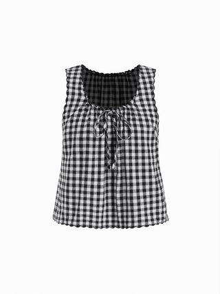 Woven Cotton Gingham Tie Tank Top & Mid Rise Shorts Loungewear Set For Home Bedroom