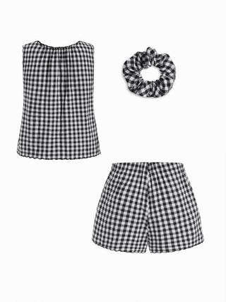 Woven Cotton Gingham Tie Tank Top & Mid Rise Shorts Loungewear Set For Home Bedroom