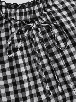 Woven Cotton Gingham Tie Tank Top & Mid Rise Shorts Loungewear Set For Home Bedroom