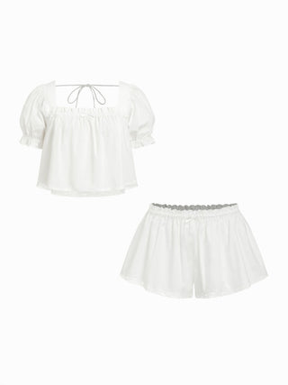 Woven Cotton Puff Sleeve Crop Top & Low Rise Shorts Loungewear Set For Home Bedroom