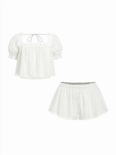 Woven Cotton Puff Sleeve Crop Top & Low Rise Shorts Loungewear Set For Home Bedroom