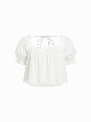 Woven Cotton Puff Sleeve Crop Top & Low Rise Shorts Loungewear Set For Home Bedroom