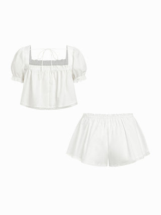 Woven Cotton Puff Sleeve Crop Top & Low Rise Shorts Loungewear Set For Home Bedroom