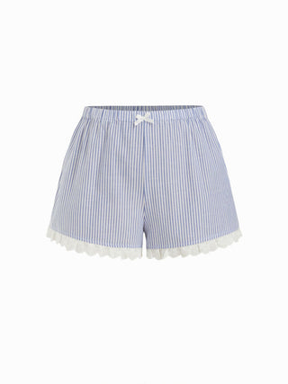 Woven Cotton-blend Striped Sweetheart Lace Trim Cami Top & Mid Rise Shorts Loungewear Set For Home Bedroom