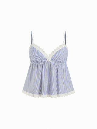 Woven Cotton-blend Striped Sweetheart Lace Trim Cami Top & Mid Rise Shorts Loungewear Set For Home Bedroom