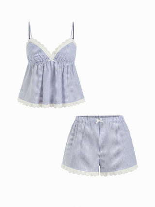 Woven Cotton-blend Striped Sweetheart Lace Trim Cami Top & Mid Rise Shorts Loungewear Set For Home Bedroom