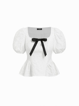 Jacquard Jacquard Square Neck Puff Sleeve Bowknot Ruffled Hem Blouse For Daily Casual Date