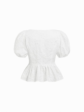 Jacquard Jacquard Square Neck Puff Sleeve Bowknot Ruffled Hem Blouse For Daily Casual Date