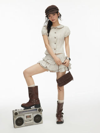 Low Rise Ruffled Metal Detail Layered Mini Skort