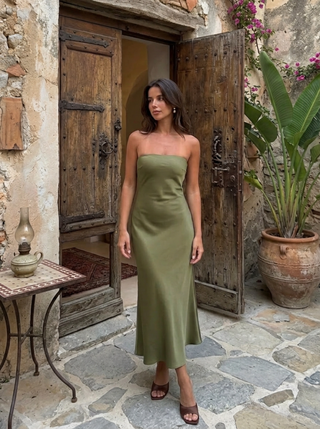Satin Strapless Tie Back Maxi Dress