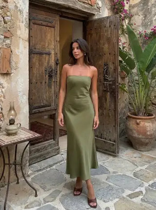 Satin Strapless Tie Back Maxi Dress