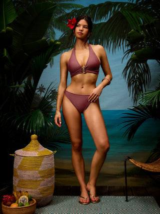 Halter Neckline Ruched Metal Detail Bikini Set