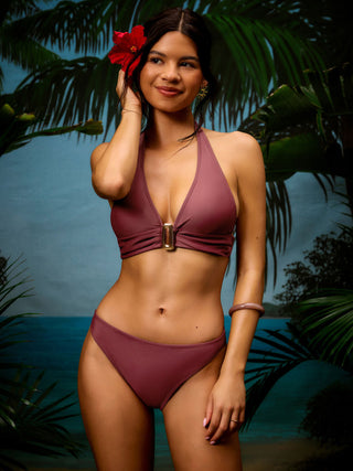 Halter Neckline Ruched Metal Detail Bikini Set