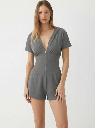 Knit Fabric Textured V-neck Ruched Front Romper For Daily Casual