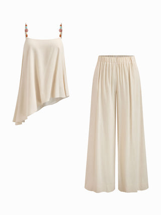 Linen-blend Asymmetrical Cami Top & Mid Rise Wide Leg Oversized Trousers Set
