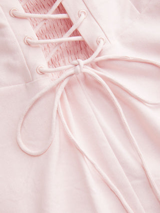 Linen-blend Floral Bowknot Embroidery Lace up Flared Mini Dress