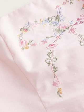 Linen-blend Floral Bowknot Embroidery Lace up Flared Mini Dress