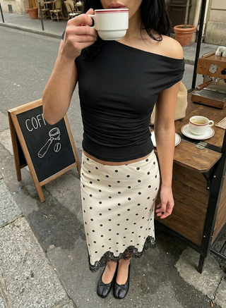Satin Mid Rise Polka Dot Lace Trim A-line Midi Skirt