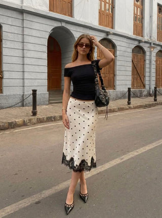 Satin Mid Rise Polka Dot Lace Trim A-line Midi Skirt
