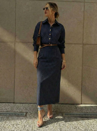 Woven Striped Collar Button Front Maxi Dress For Work