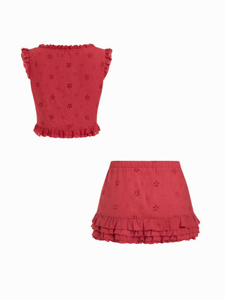 Square Neck Ruffled Top & Low Rise Embroidery Ruffle Hem Mini Skirt Set