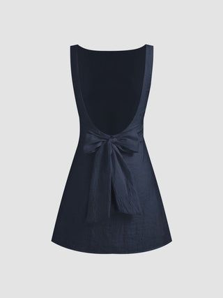 Linen-blend Boat Neck Solid Knotted Backless Mini Dress