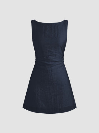 Linen-blend Boat Neck Solid Knotted Backless Mini Dress