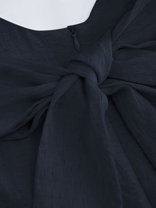 Linen-blend Boat Neck Solid Knotted Backless Mini Dress