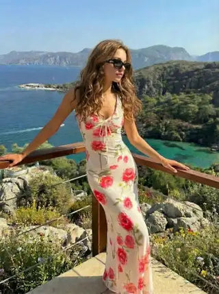 Mesh Floral Graphic V-neck Knotted Mermaid Maxi Dress