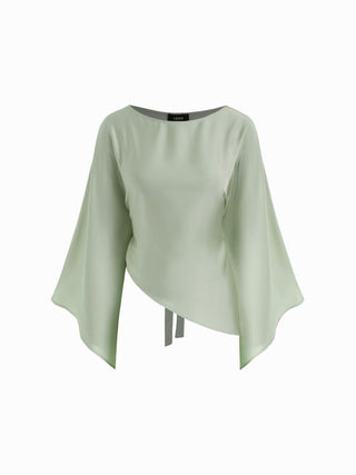 Satin Boat Neck Bell Sleeve Asymmetrical Blouse