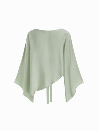 Satin Boat Neck Bell Sleeve Asymmetrical Blouse