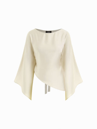 Satin Boat Neck Bell Sleeve Asymmetrical Blouse