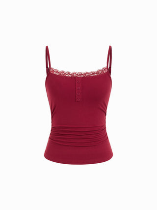 Lace Panel Ruched Henley Cami Top