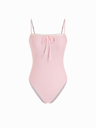 Square Neck Lace Trim Bowknot One Piece Swimsuit