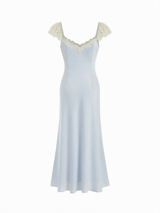 Satin Sweetheart Ruffle sleeve Lace Panel Ruched Mermaid Maxi Dress