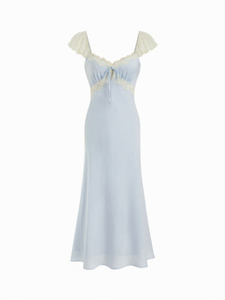 Satin Sweetheart Ruffle sleeve Lace Panel Ruched Mermaid Maxi Dress