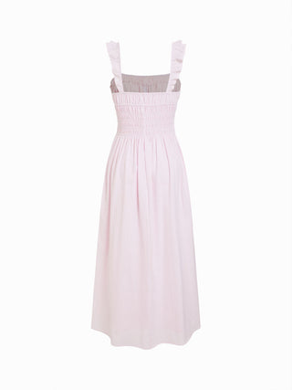 Cotton Cotton-blend Ruched Ruffle Sleeve Shirred Milkmaid Maxi Dress For Daily Casual Vacation