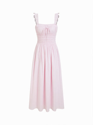 Cotton Cotton-blend Ruched Ruffle Sleeve Shirred Milkmaid Maxi Dress For Daily Casual Vacation