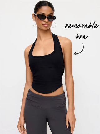 Cotton-blend Scoop Neck Halter Crop Top