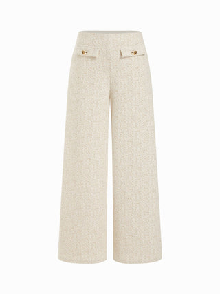 Cotton-blend Textured Mid Rise Wide Leg Trousers With Metal Detail