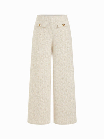 Cotton-blend Textured Mid Rise Wide Leg Trousers With Metal Detail