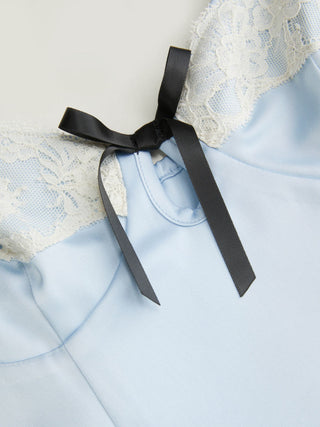 Satin Lace Trim Bowknot Ruffle Sleeve Mini Slip Dress