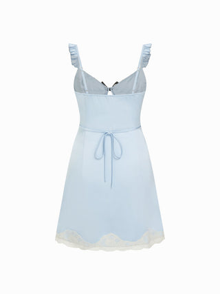 Satin Lace Trim Bowknot Ruffle Sleeve Mini Slip Dress