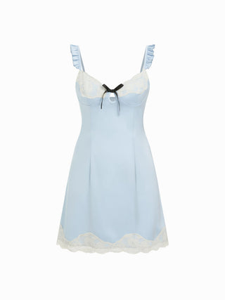 Satin Lace Trim Bowknot Ruffle Sleeve Mini Slip Dress