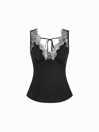 Satin Satin V-neck Lace Tank Top For Party/Clubbing