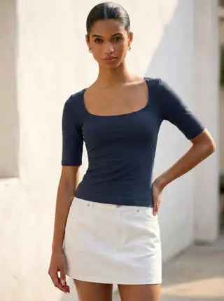 Cotton-blend Scoop Neckline Mid-length Sleeve Tee