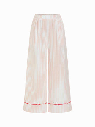 Woven Cotton-blend Striped Puff Sleeve Bowknot Top & Mid Rise Wide Leg Loungewear Set For Home Bedroom